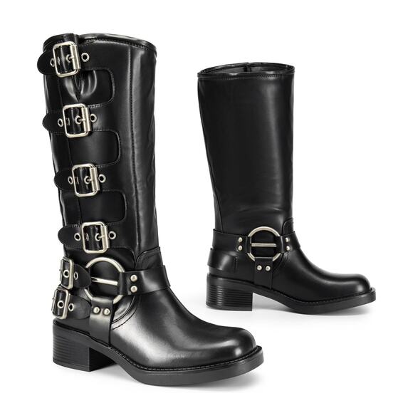 NWT Black DREAM PAIRS Knee High Side Zipper Motorcycle Boots Silver Buckle SZ 7 - Picture 3 of 12